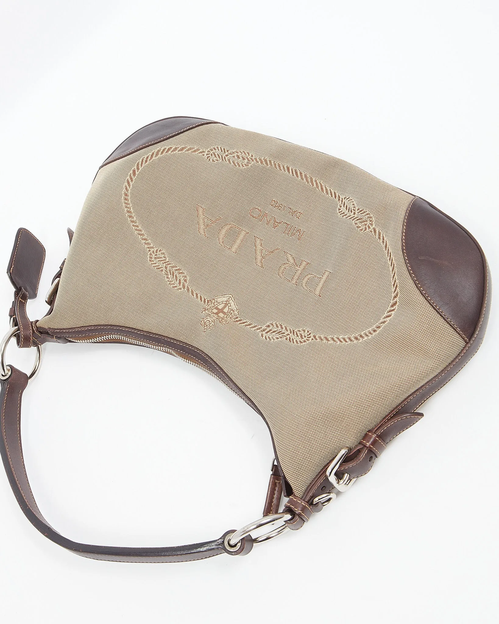 Prada Brown Leather and Beige Canvas Logo Canapa Shoulder Bag