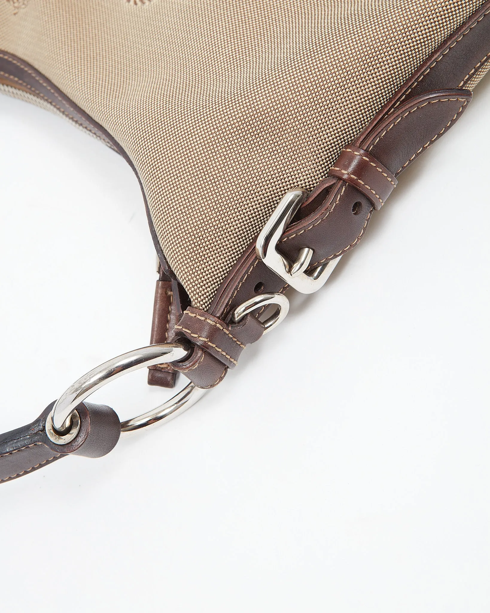 Prada Brown Leather and Beige Canvas Logo Canapa Shoulder Bag