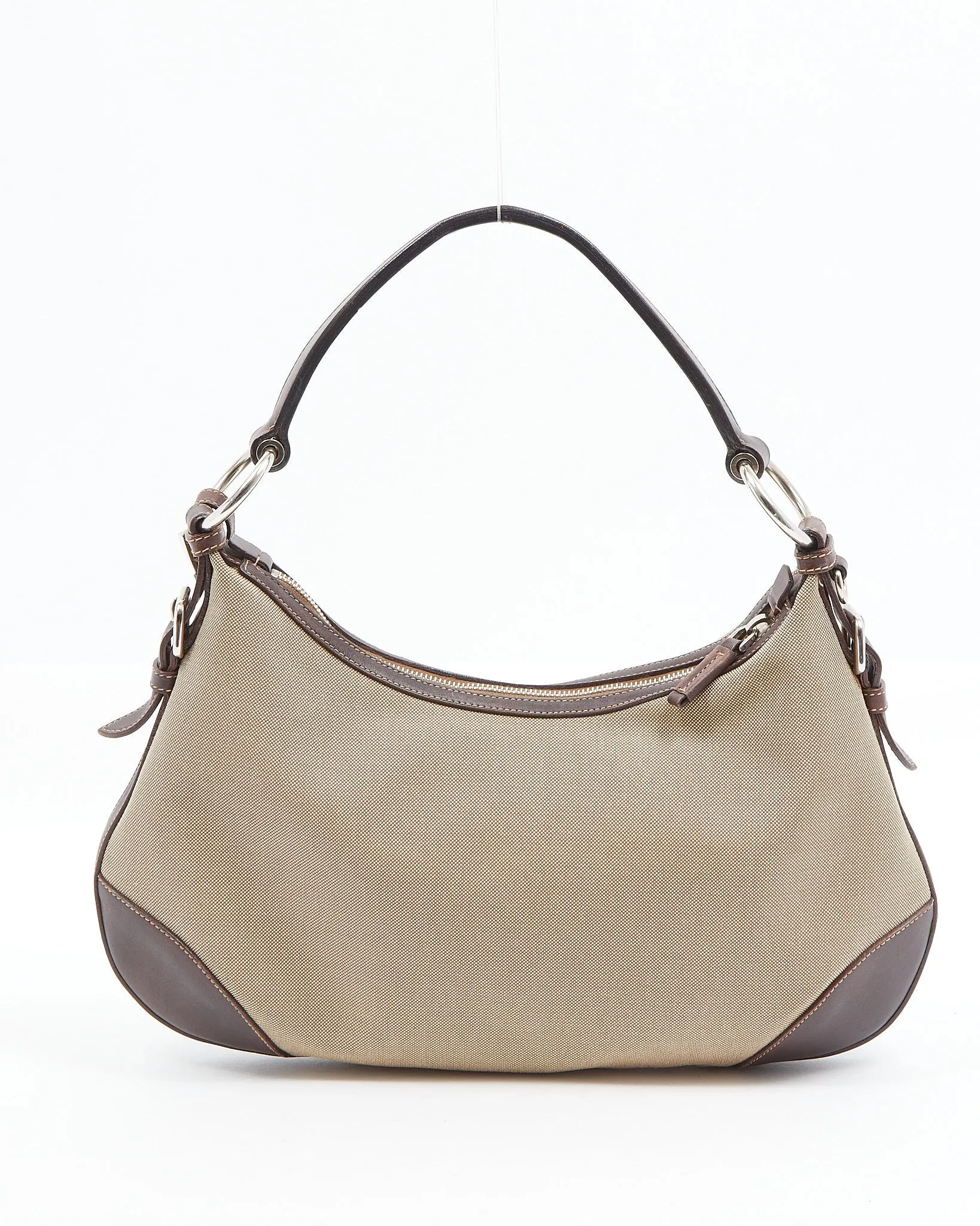 Prada Brown Leather and Beige Canvas Logo Canapa Shoulder Bag