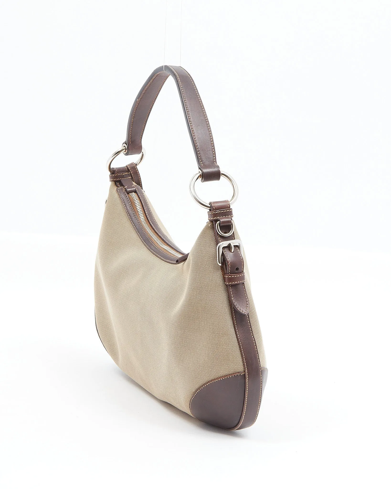 Prada Brown Leather and Beige Canvas Logo Canapa Shoulder Bag