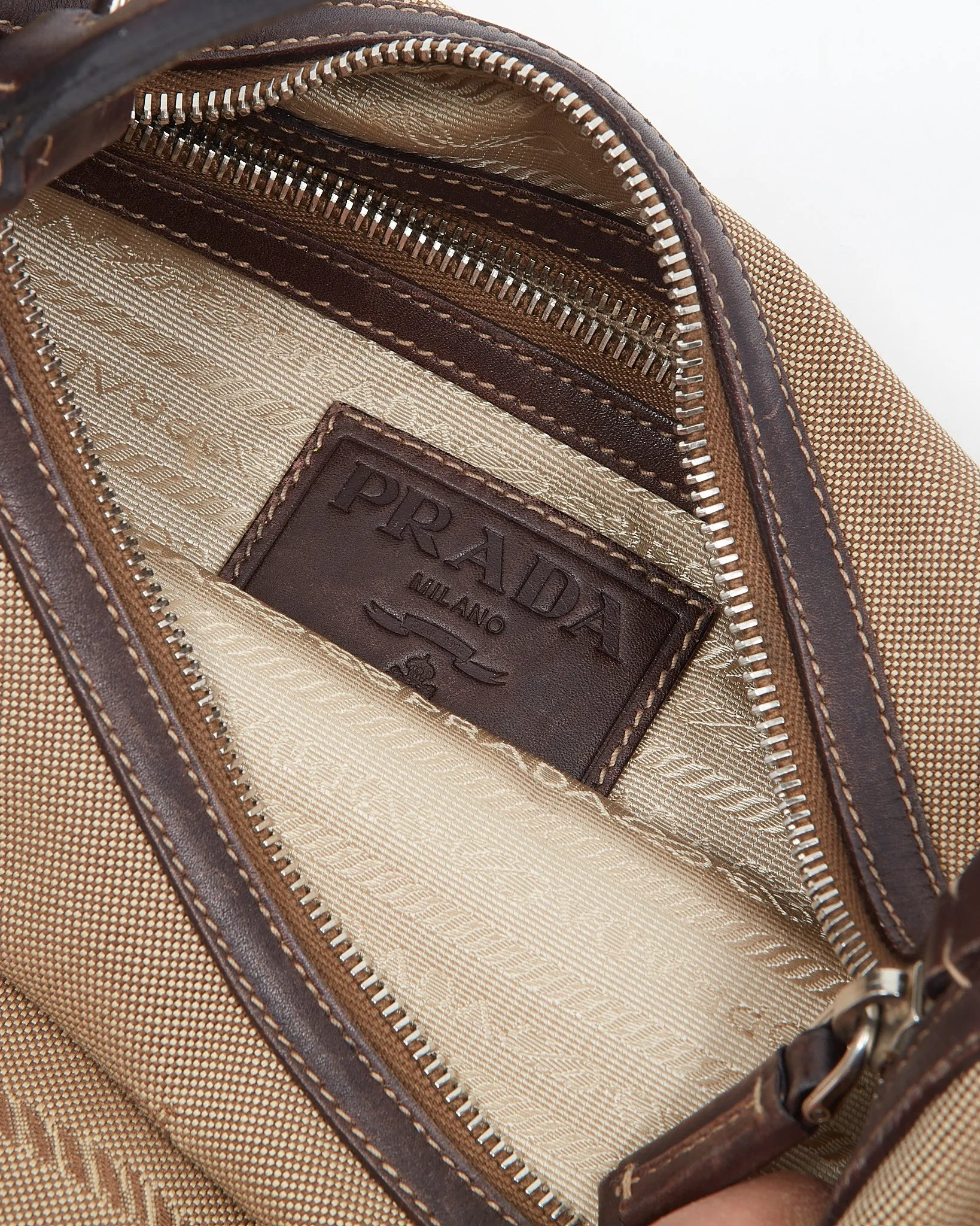 Prada Brown Leather and Beige Canvas Logo Canapa Shoulder Bag