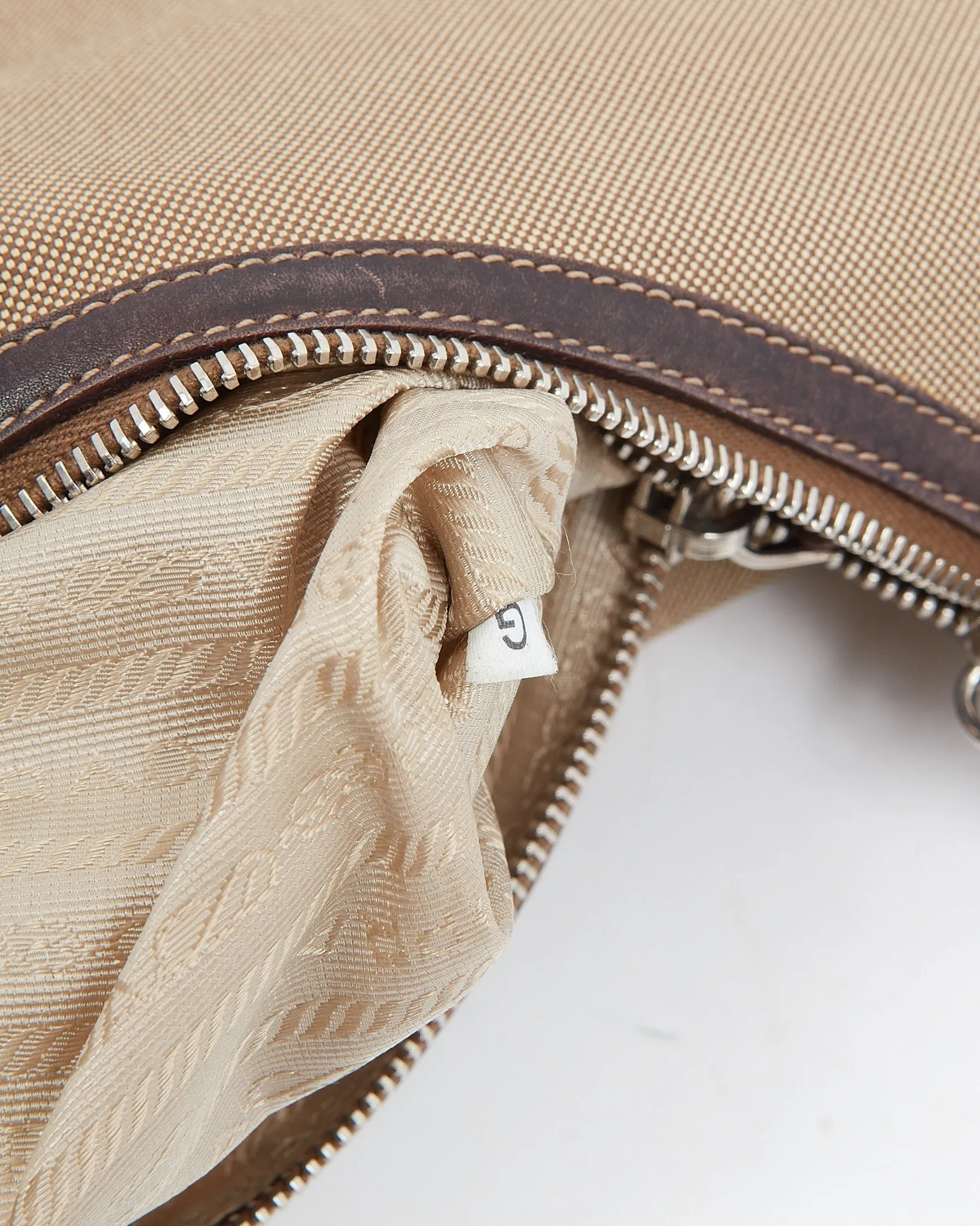 Prada Brown Leather and Beige Canvas Logo Canapa Shoulder Bag