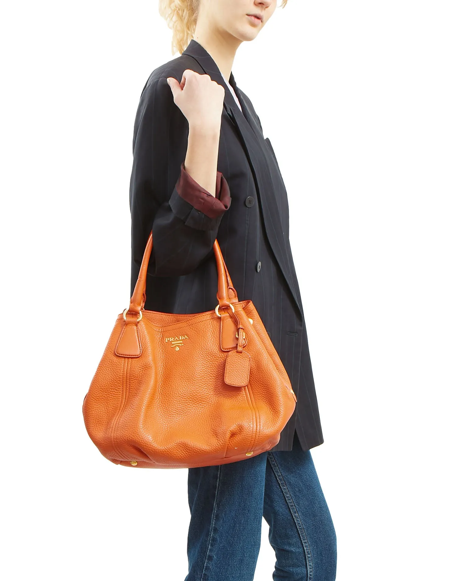 Prada Papaya Vitello Daino Sacca 2 Manici Convertible Tote Bag
