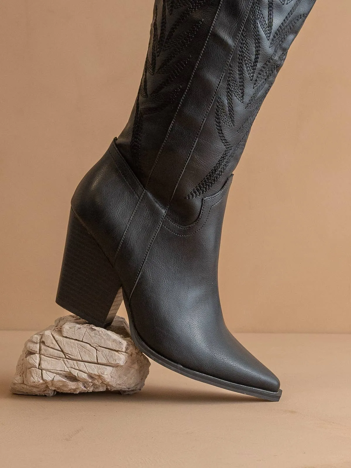 PRE ORDER-The Bronco Black | Knee High Cowboy Western Boot