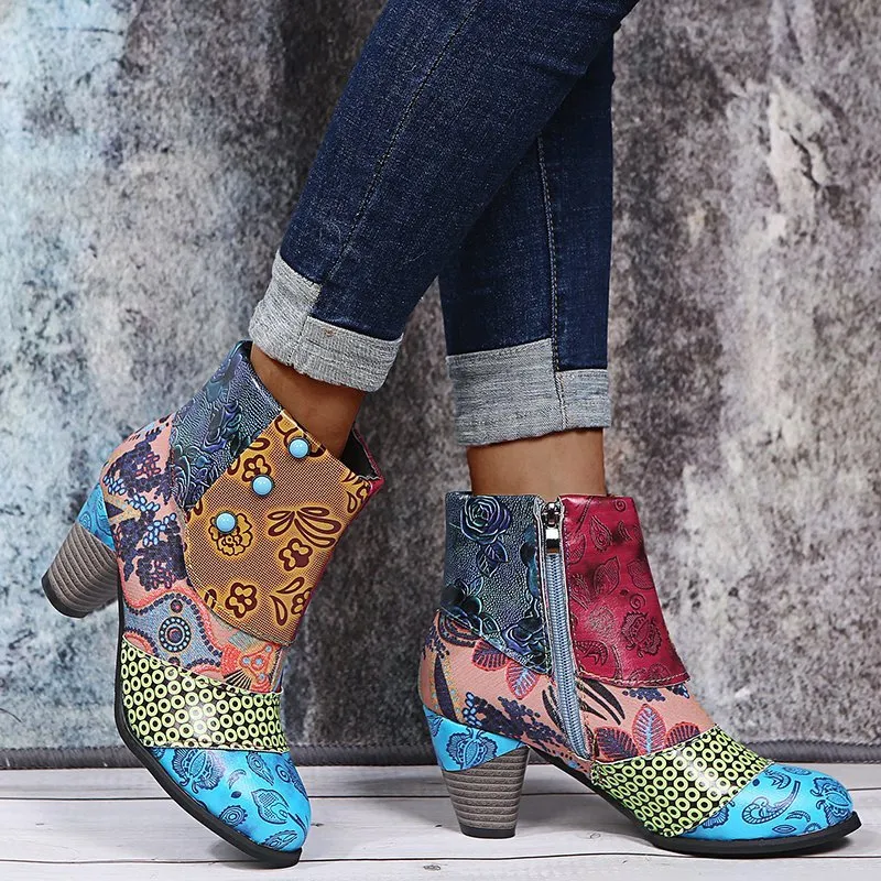 Printed Chunky Zipper Ankle Boots
