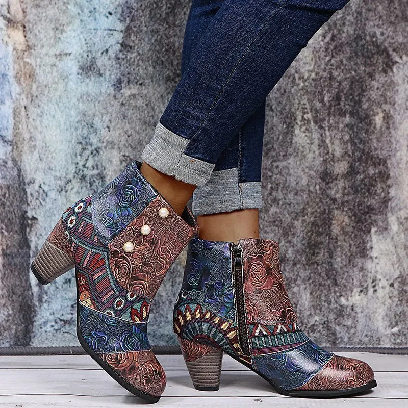 Printed Chunky Zipper Ankle Boots