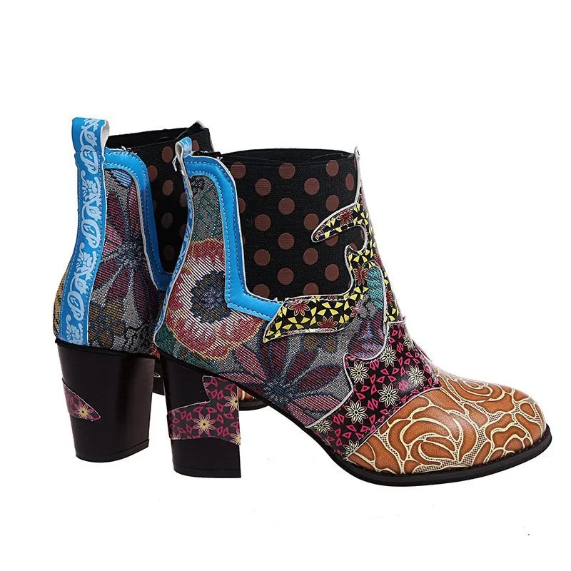Printed Chunky Zipper Ankle Boots