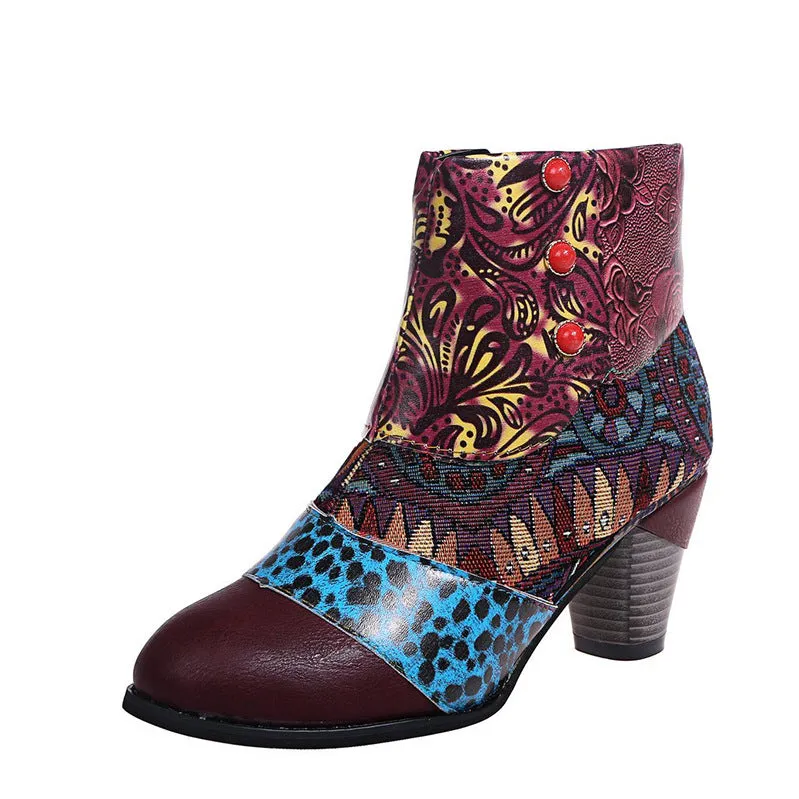 Printed Chunky Zipper Ankle Boots