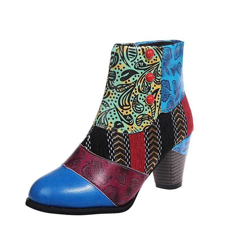 Printed Chunky Zipper Ankle Boots