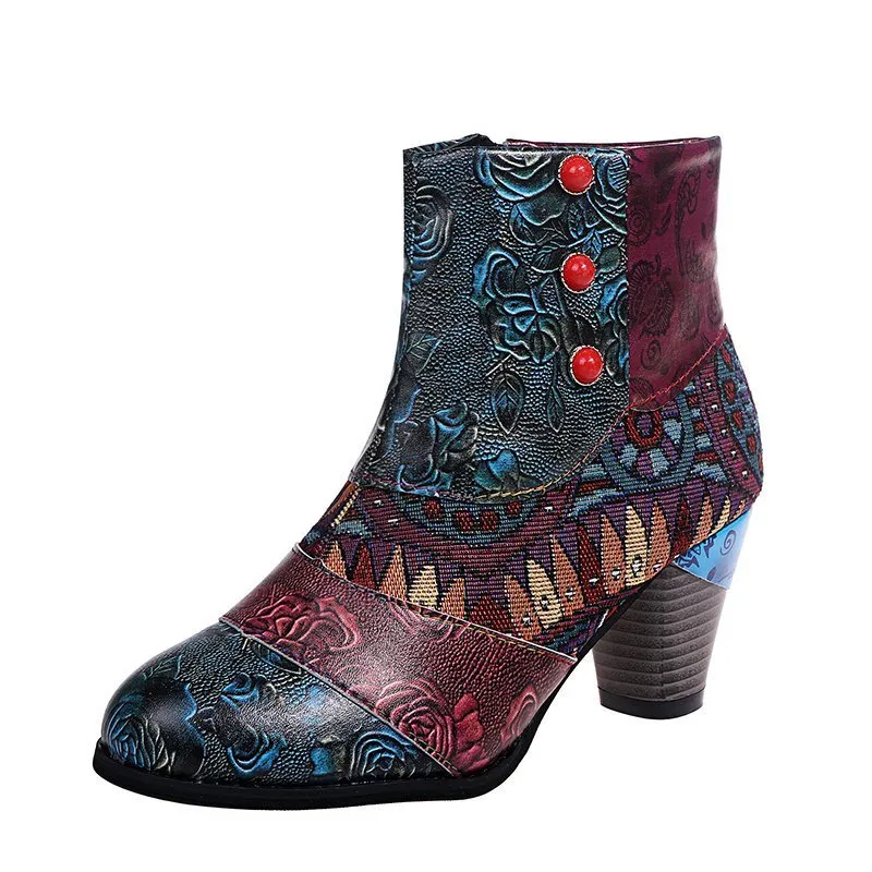 Printed Chunky Zipper Ankle Boots
