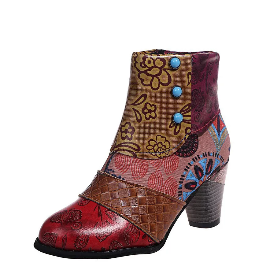Printed Chunky Zipper Ankle Boots