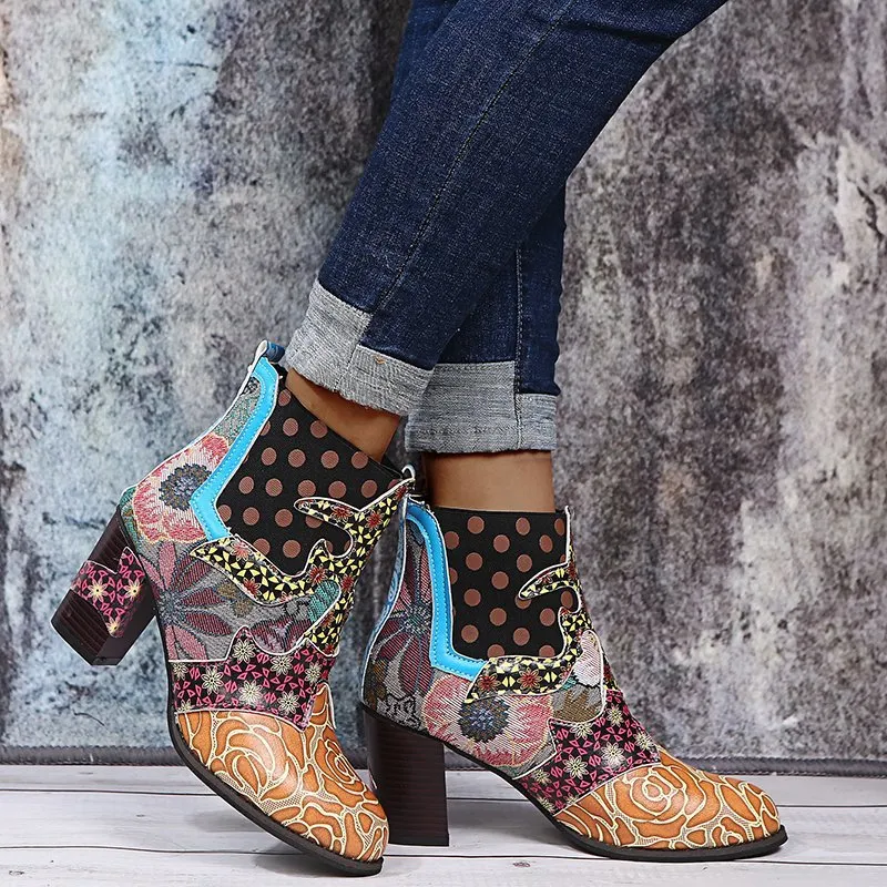 Printed Chunky Zipper Ankle Boots