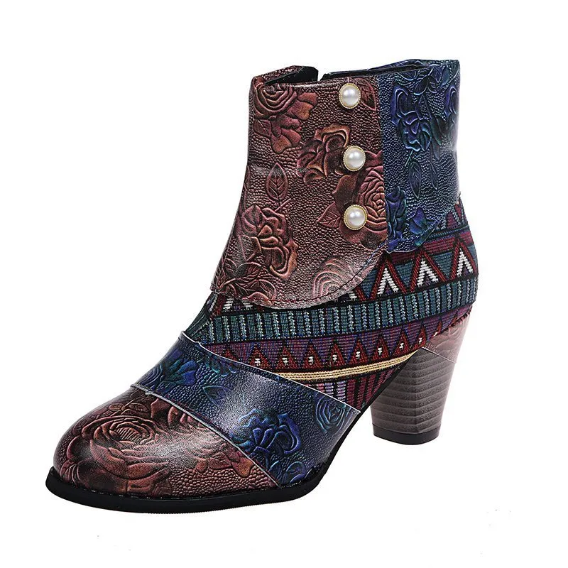 Printed Chunky Zipper Ankle Boots