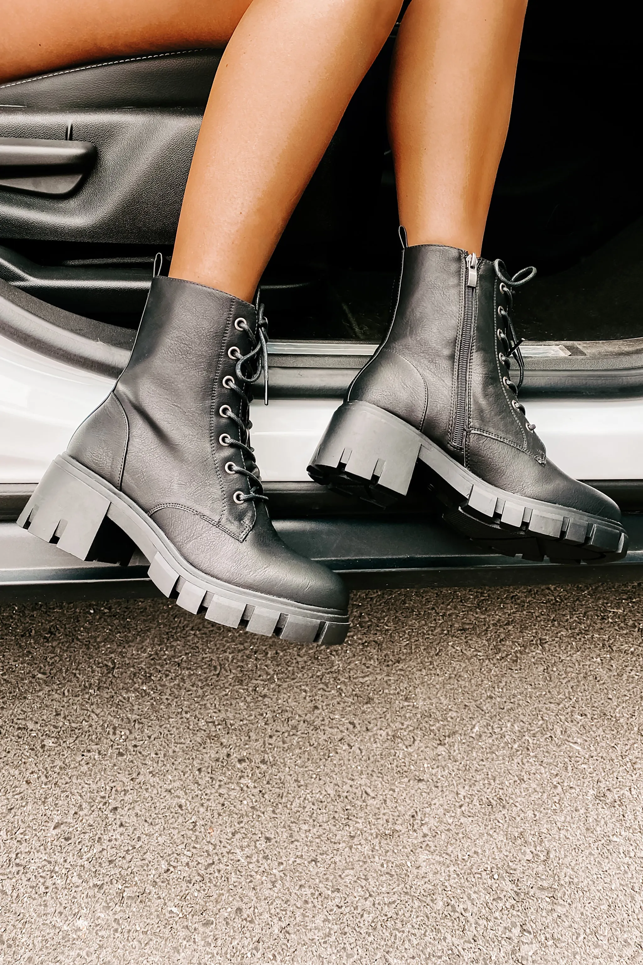 Questionable Intentions Chunky Faux Leather Combat Boots (Black)