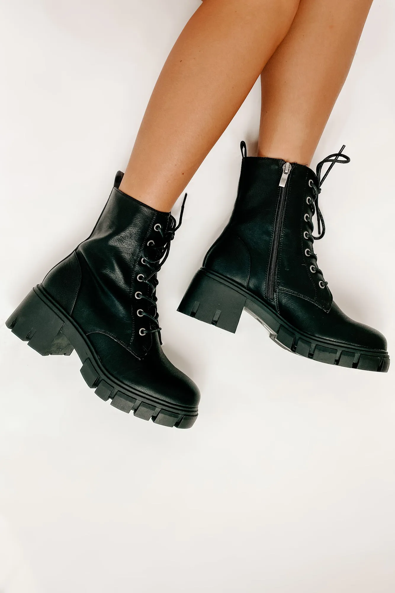Questionable Intentions Chunky Faux Leather Combat Boots (Black)
