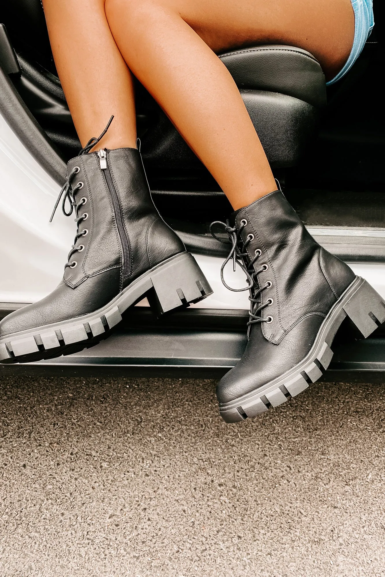 Questionable Intentions Chunky Faux Leather Combat Boots (Black)