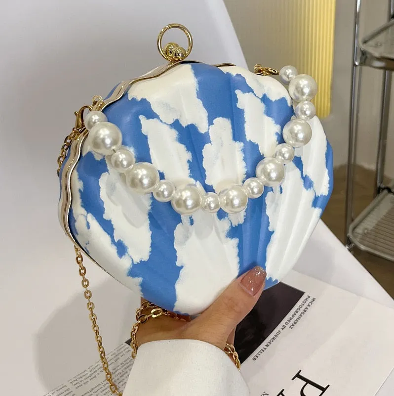 Realaiot Evening Bags Shell Shape Women Clutch Bags New Wedding Bridal Handbag Pearl Beaded Fashion Shell Chain Party Bags