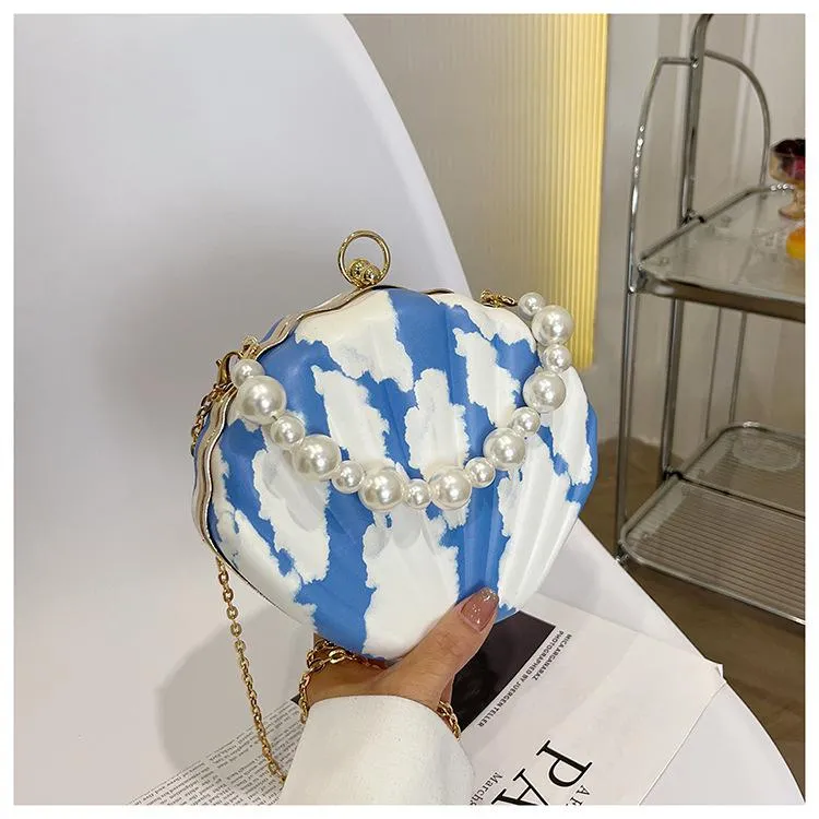 Realaiot Evening Bags Shell Shape Women Clutch Bags New Wedding Bridal Handbag Pearl Beaded Fashion Shell Chain Party Bags