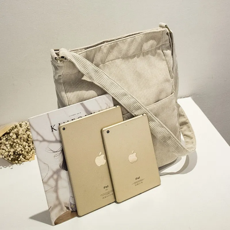 Realaiot Women Corduroy Shoulder Bag Large Capacity Simple Vintage Canvas Female Solid Color Messenger Bags Soft Cloth Handbag