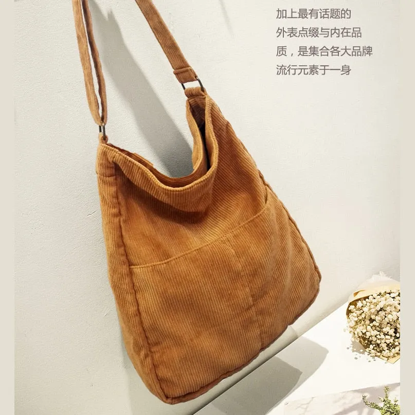 Realaiot Women Corduroy Shoulder Bag Large Capacity Simple Vintage Canvas Female Solid Color Messenger Bags Soft Cloth Handbag