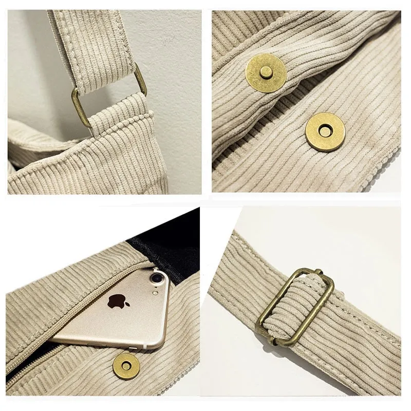 Realaiot Women Corduroy Shoulder Bag Large Capacity Simple Vintage Canvas Female Solid Color Messenger Bags Soft Cloth Handbag