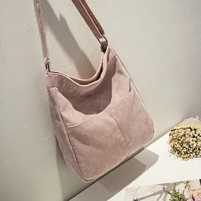 Realaiot Women Corduroy Shoulder Bag Large Capacity Simple Vintage Canvas Female Solid Color Messenger Bags Soft Cloth Handbag