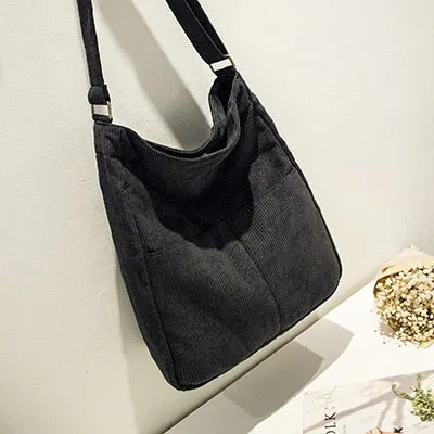 Realaiot Women Corduroy Shoulder Bag Large Capacity Simple Vintage Canvas Female Solid Color Messenger Bags Soft Cloth Handbag
