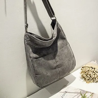 Realaiot Women Corduroy Shoulder Bag Large Capacity Simple Vintage Canvas Female Solid Color Messenger Bags Soft Cloth Handbag
