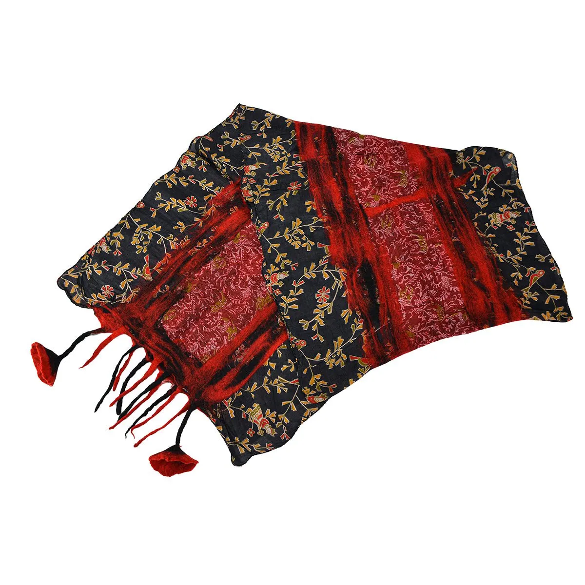 Red Felt and Saree Vintage Scarves with Flower Hanging