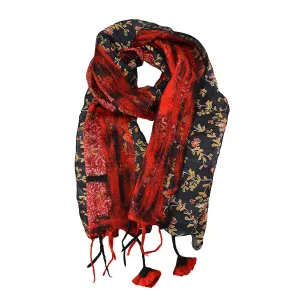 Red Felt and Saree Vintage Scarves with Flower Hanging