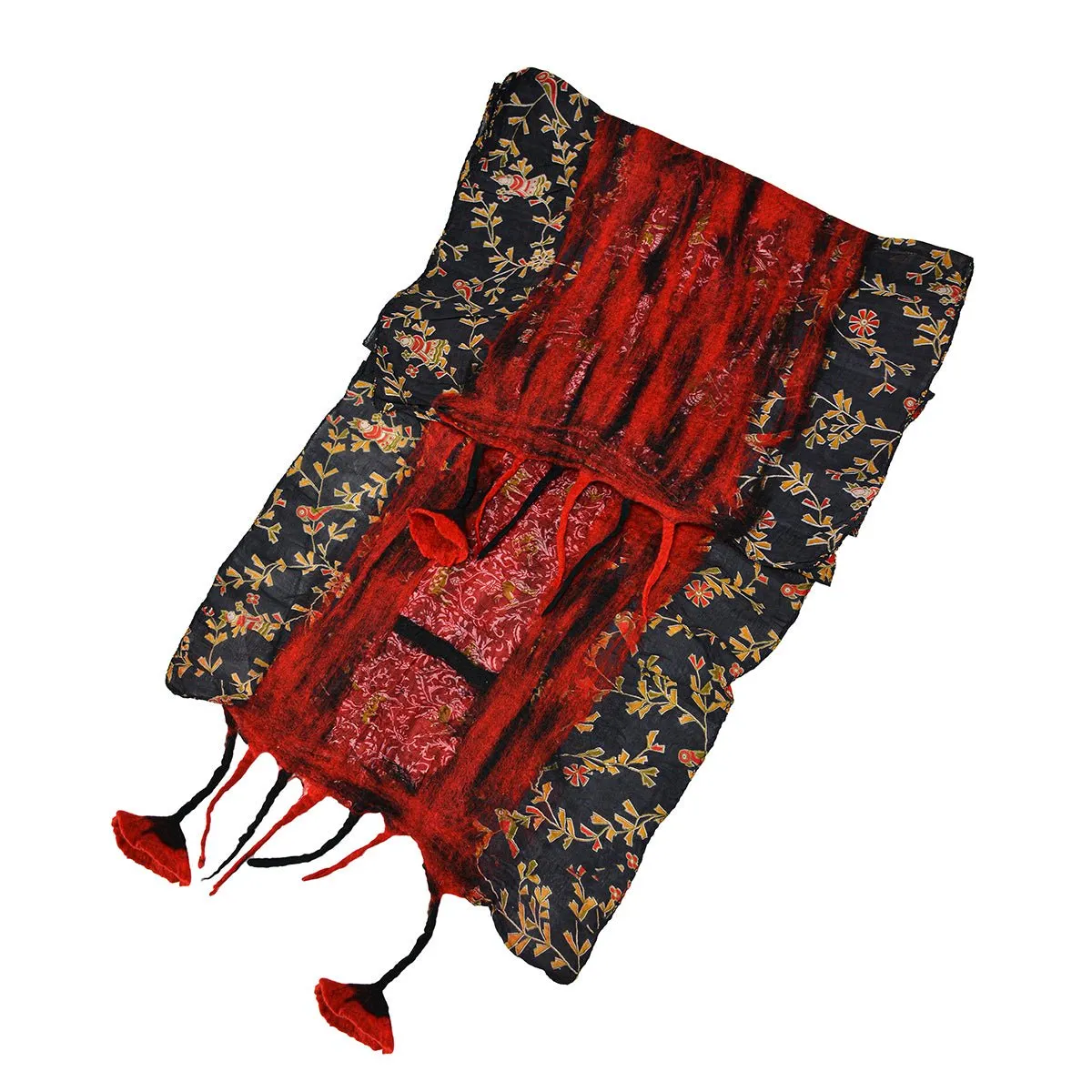 Red Felt and Saree Vintage Scarves with Flower Hanging