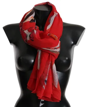 Red Fish Silk Print Shawl Wrap Scarf