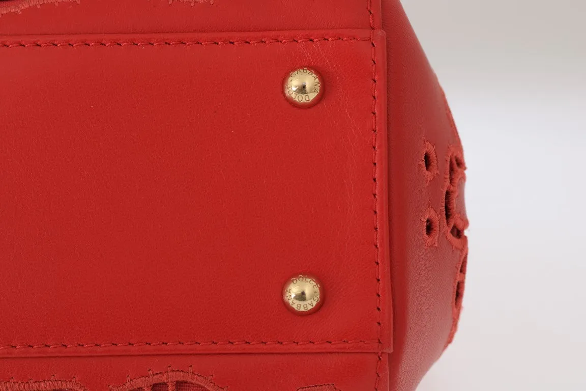 Red SICILY Floral Cutout Leather Bag