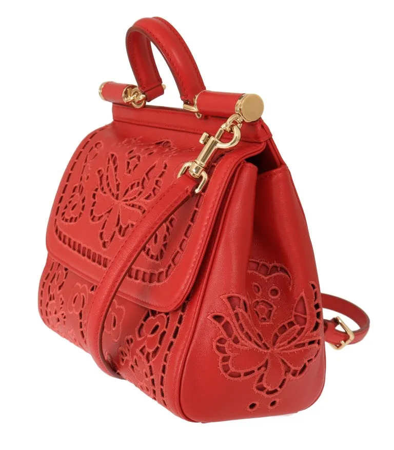 Red SICILY Floral Cutout Leather Bag