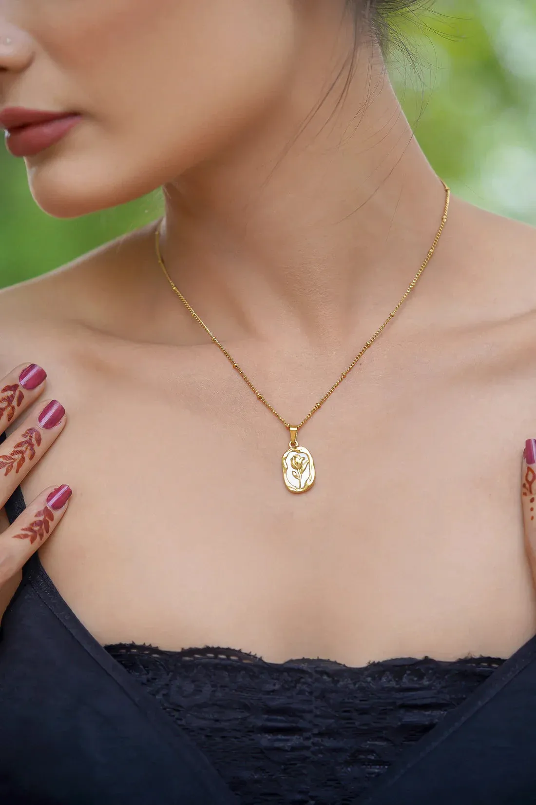 Rose Enamel Chain Necklace Gold Plated, Waterproof and Anti-Tarnish
