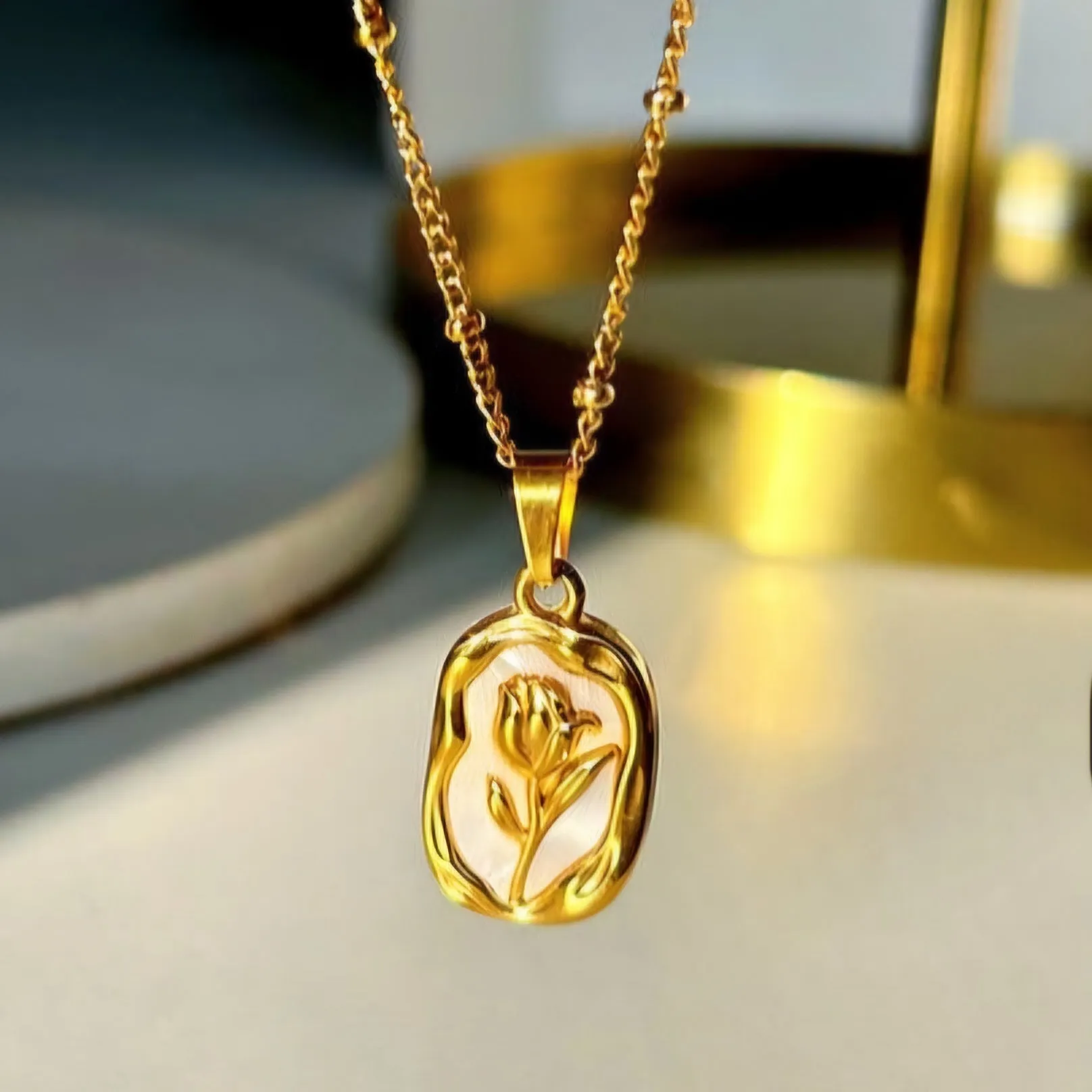 Rose Enamel Chain Necklace Gold Plated, Waterproof and Anti-Tarnish