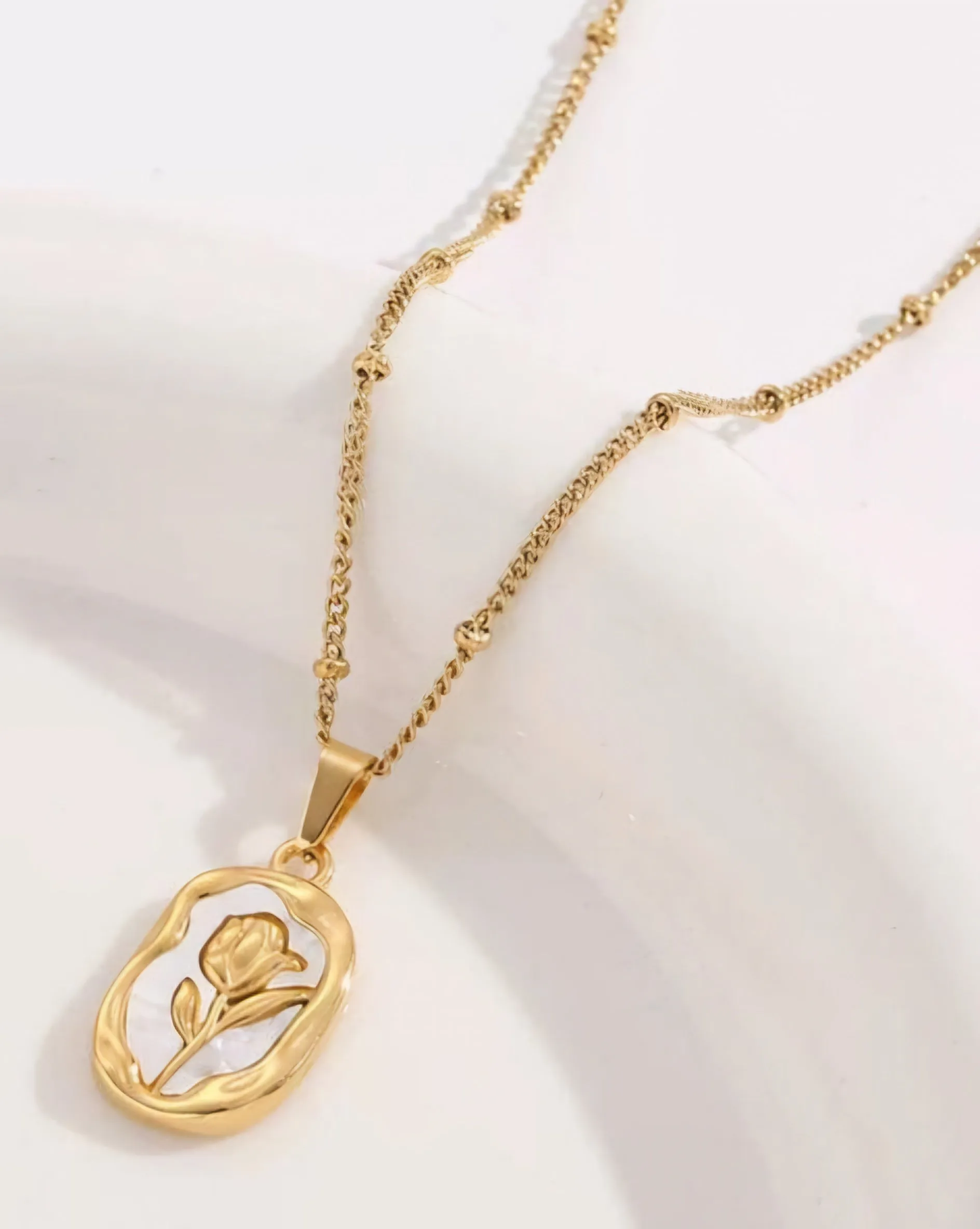 Rose Enamel Chain Necklace Gold Plated, Waterproof and Anti-Tarnish