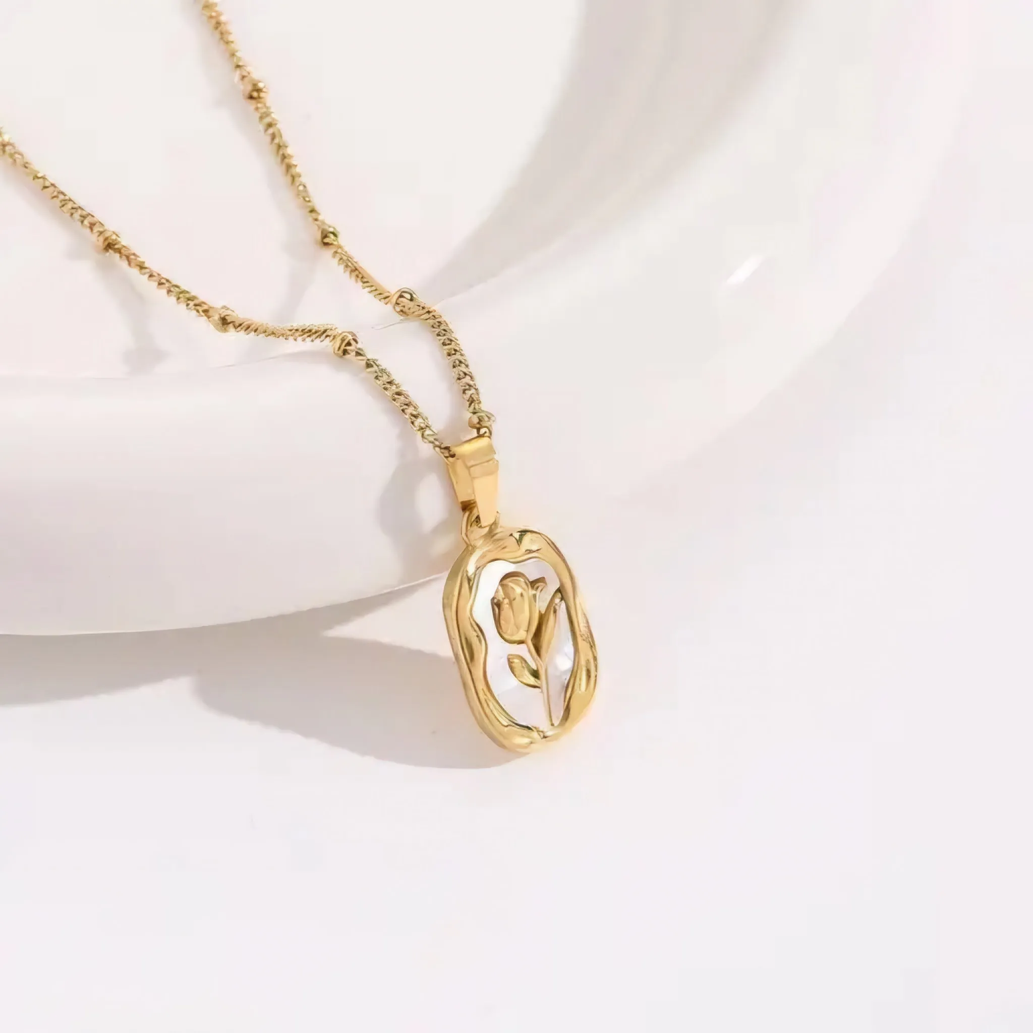 Rose Enamel Chain Necklace Gold Plated, Waterproof and Anti-Tarnish