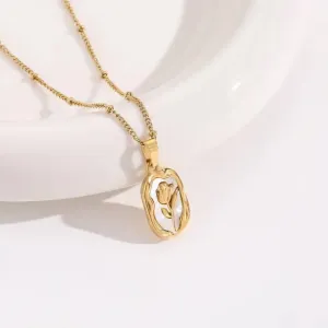 Rose Enamel Chain Necklace Gold Plated, Waterproof and Anti-Tarnish