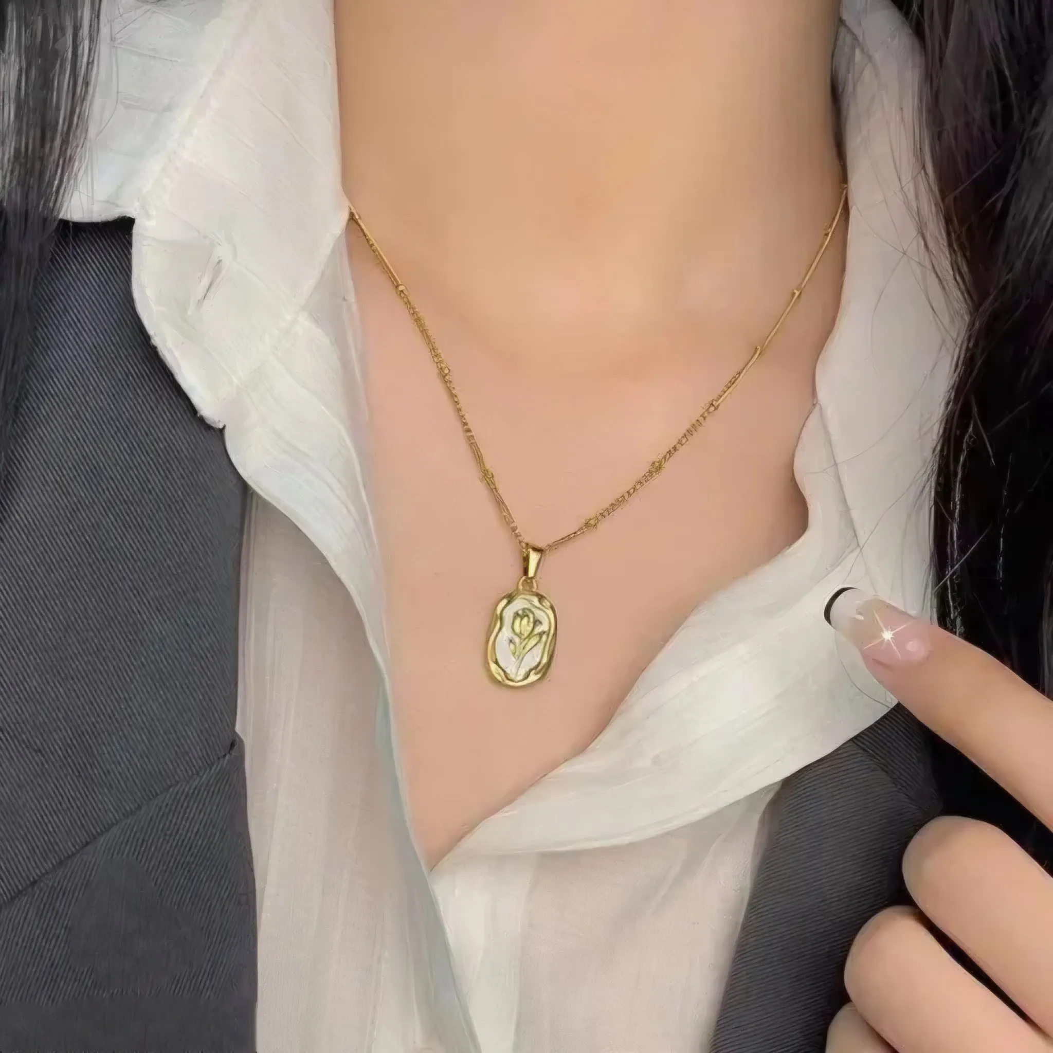 Rose Enamel Chain Necklace Gold Plated, Waterproof and Anti-Tarnish