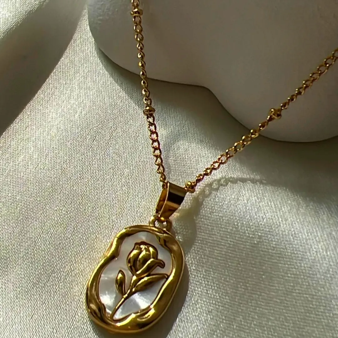 Rose Enamel Chain Necklace Gold Plated, Waterproof and Anti-Tarnish
