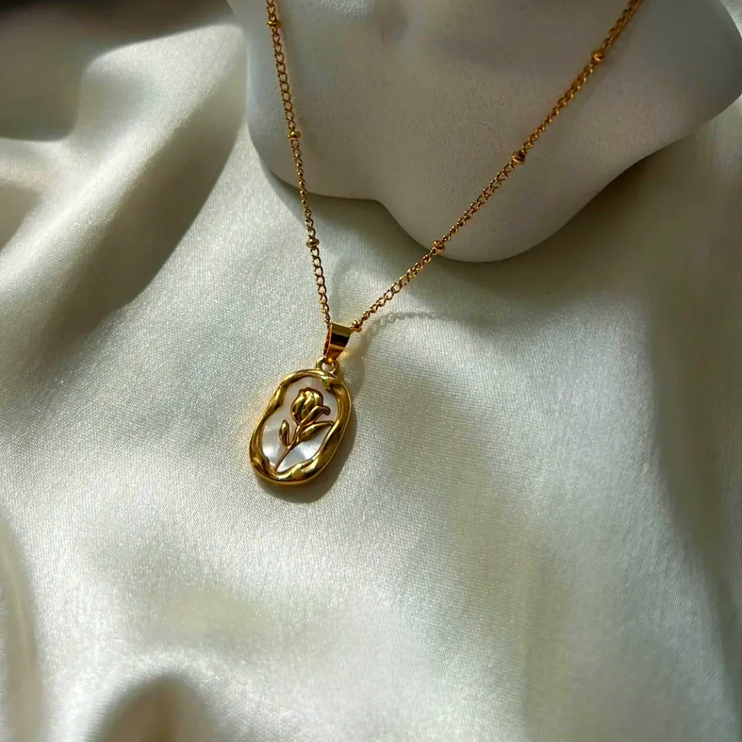 Rose Enamel Chain Necklace Gold Plated, Waterproof and Anti-Tarnish