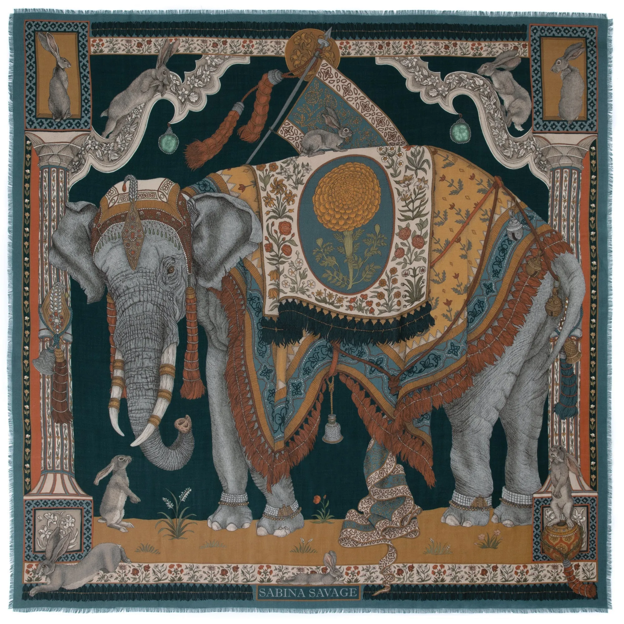 Sabina Savage "The Rabbits and The Elephant" Wool/Silk Scarf Midnight