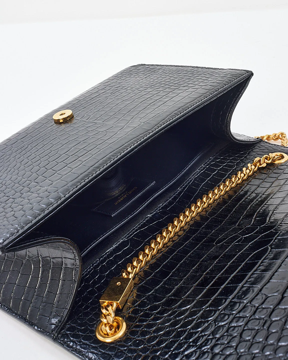 Saint Laurent Black Croc Embossed Kate Tassel Medium Crossbody Clutch Bag