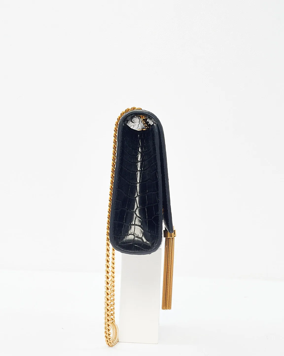 Saint Laurent Black Croc Embossed Kate Tassel Medium Crossbody Clutch Bag