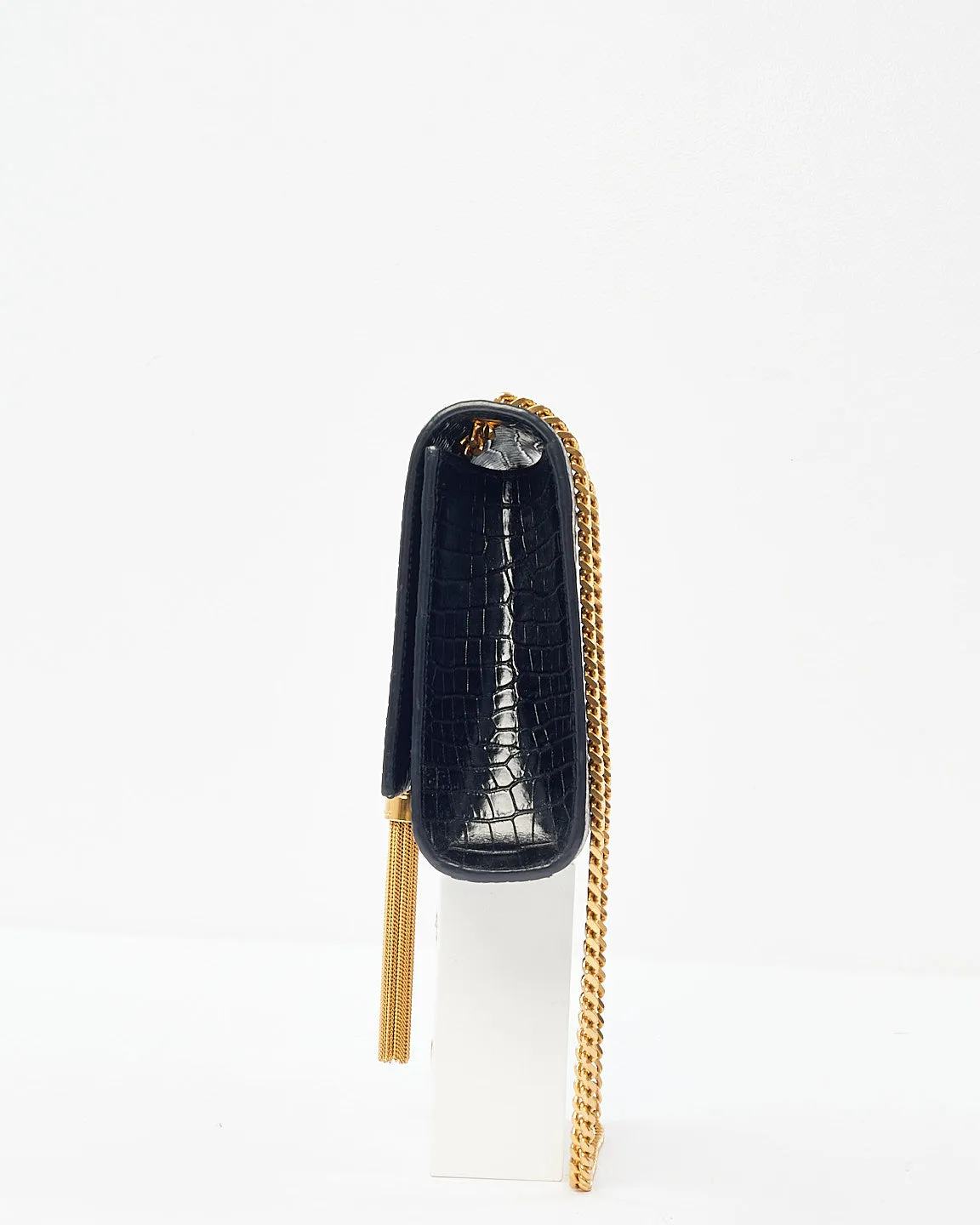 Saint Laurent Black Croc Embossed Kate Tassel Medium Crossbody Clutch Bag