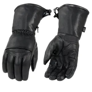 SH292 Men's Black Gauntlet Motorcycle Hand Gloves-Black Leather Waterproof Gel Palm Soft