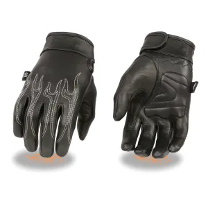 SH820 Men's 'White Flames' Leather Cruising Gloves with Gel Palm