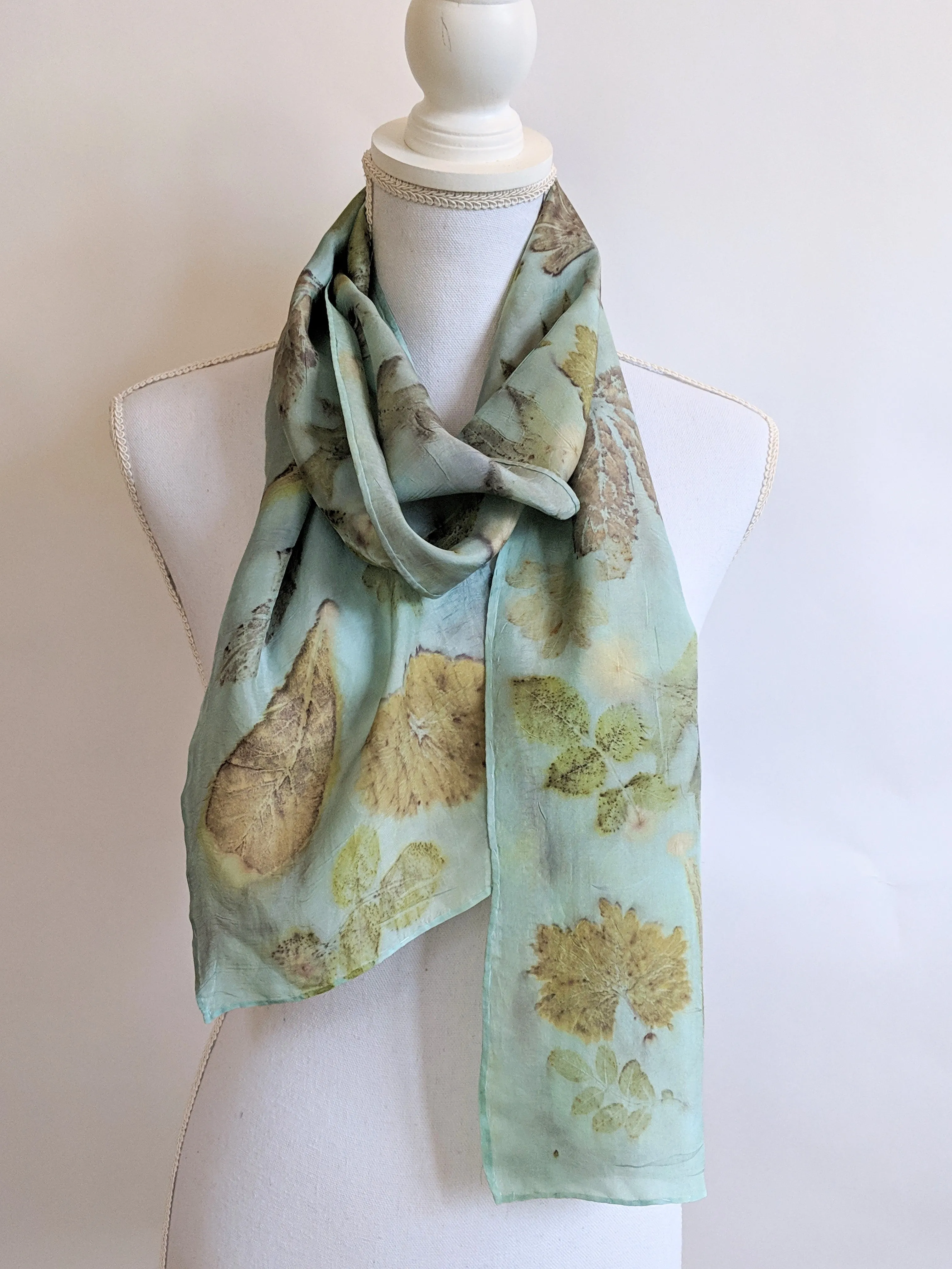 Silk Habotai Indigo Dyed & Eco-Printed Scarf