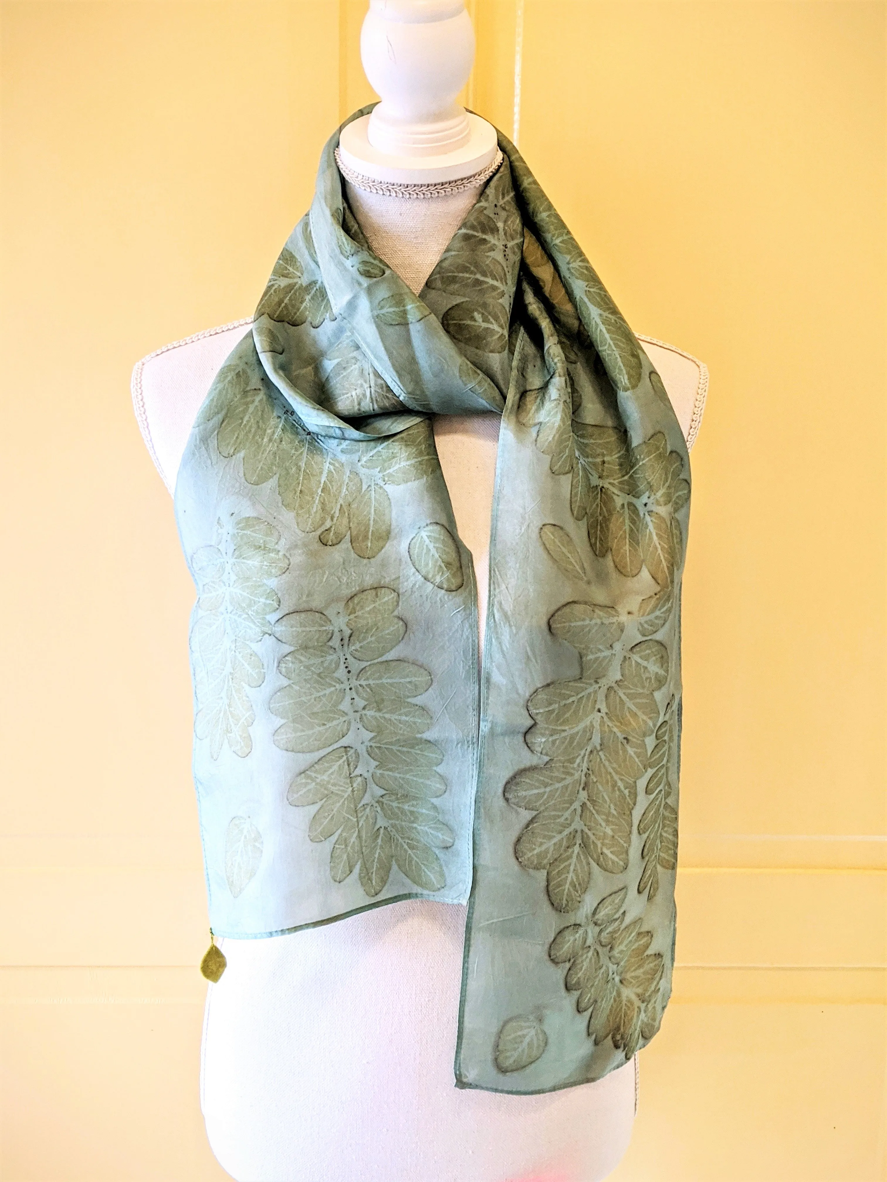 Silk Habotai Indigo Dyed & Eco-Printed Scarf
